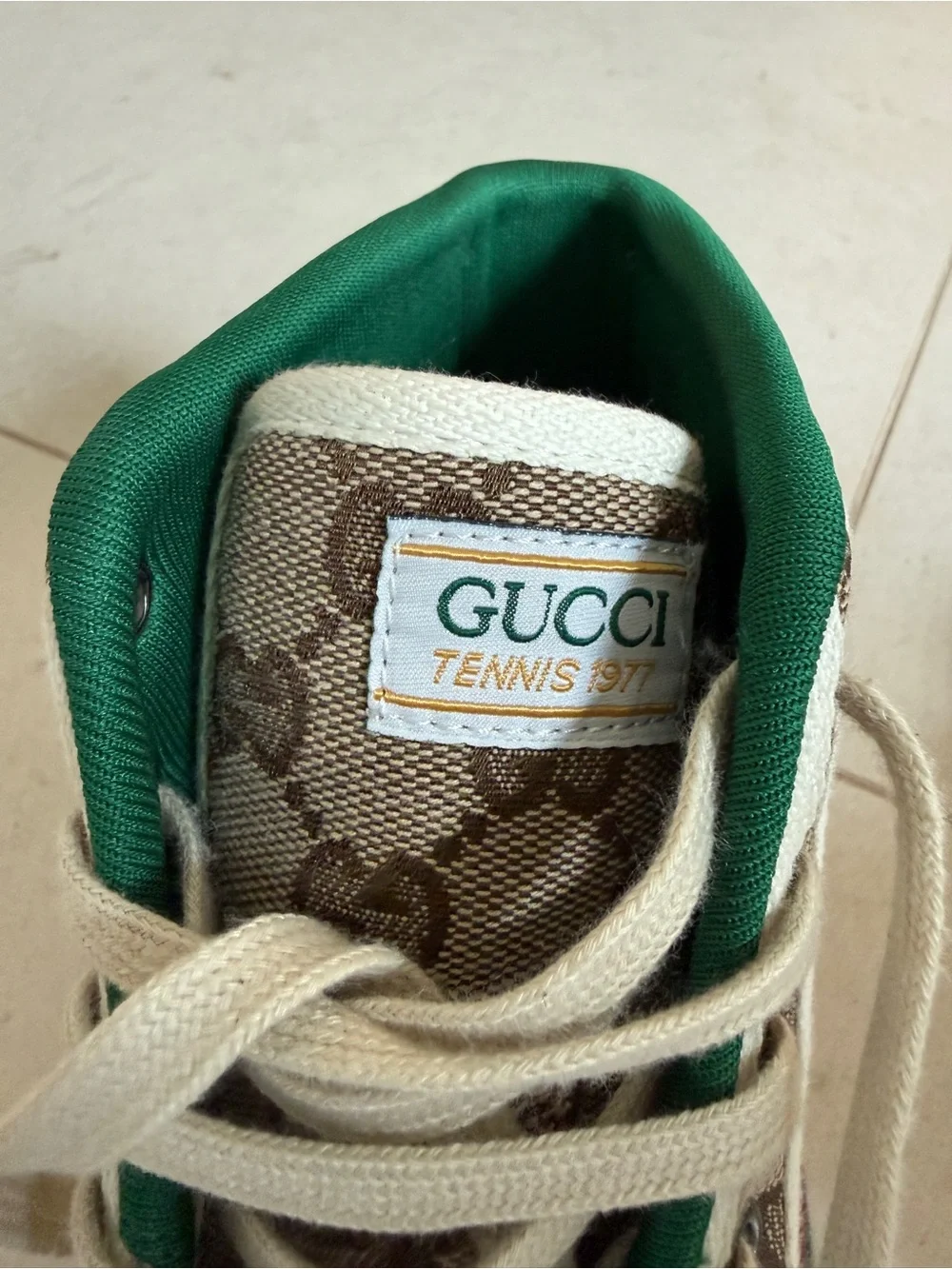 Gucci Beige GG Canvas High-Top Sneakers with Green and Red Stripe
